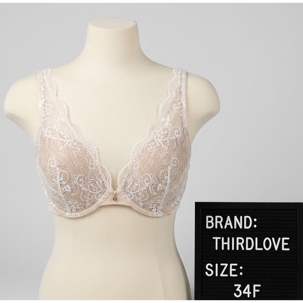 ThirdLove 24/7 Lace Contour Plunge Bra 34F Beige Tan Nude Underwire